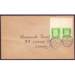 JERSEY, 1942 29th January 1/2d WWII occupation issue in marginal pair with top of stamps imperf,