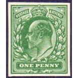 GREAT BRITAIN STAMPS : GB : 1902 1d Imperf Plate Proof in deep green on thin white card
