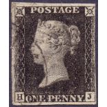 GREAT BRITAIN STAMPS : PENNY BLACK : Plate 6 (HJ) thre margin example,