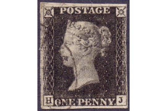 GREAT BRITAIN STAMPS : PENNY BLACK : Plate 6 (HJ) thre margin example,