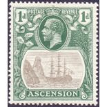 Ascension Stamps : 1924 George V 1d Grey Black and Deep Blue Green with "Broken Mast" variety,