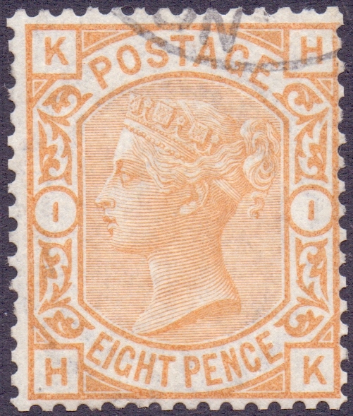 GREAT BRITAIN STAMPS : GB : 1876 8d Orange, superb used example, barely cancelled by CDS ,