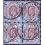GREAT BRITAIN STAMPS : GB : 1912 9d Slate Purple and Cobalt Blue fine used block of 4 (scarce) SG