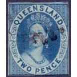 STAMPS : AUSTRALIAN STATES : Queensland 1860 2d blue used, close margins,