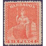 BARBADOS STAMPS : 1872 6d Orange Vermilion, fine mounted mint, wmk small star perf 15.