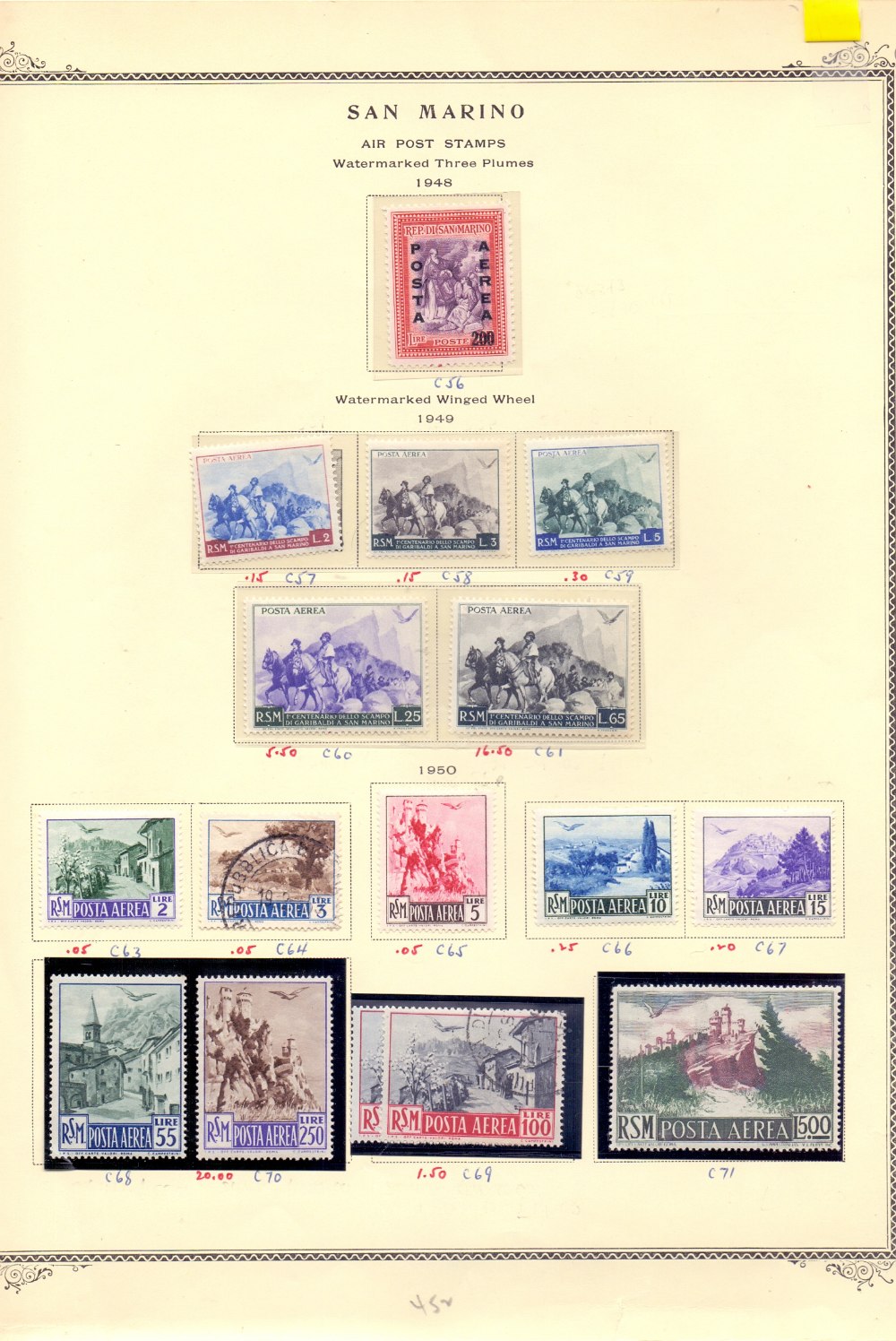 SAN MARINO STAMPS : Album page with lightly M/M AIR stamps inc 1948 200l. on 25l.