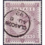 GREAT BRITAIN STAMPS : GB : 1878 £1 Brown Lilac (FH) superb used example cancelled by Glasgow CDS,