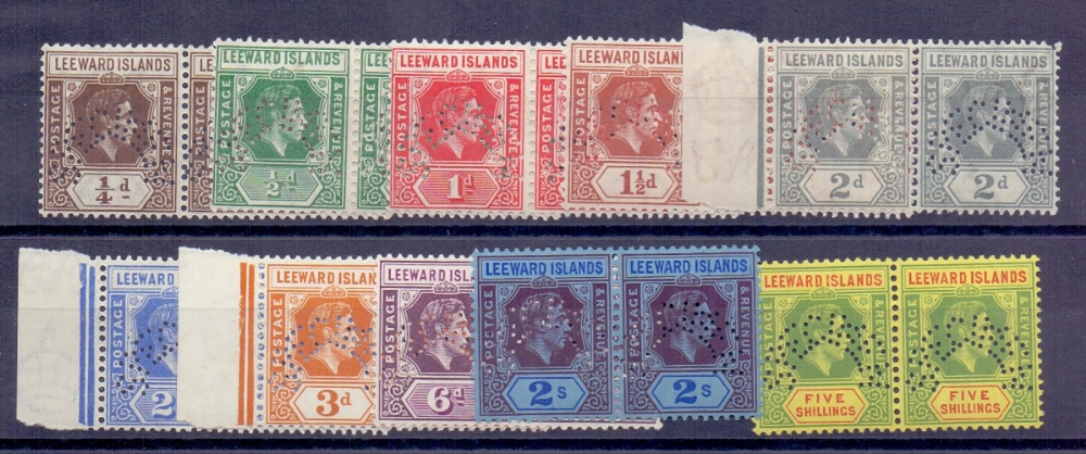 LEEWARD ISLANDS STAMPS : 1938 unmounted mint set in pairs to 6d plus 2/- and 5/-. Perf Specimens.