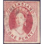 STAMPS : AUSTRALIAN STATES : QUEENSLAND 1860 QV 1d Carmine Rose, imperf with 4 margins, fine used,