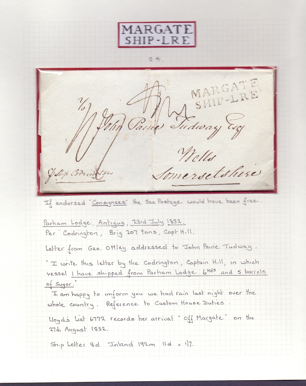 POSTAL HISTORY SHIP LETTER : MARGATE, 1832 entire from Parham Lodge, - Image 2 of 2