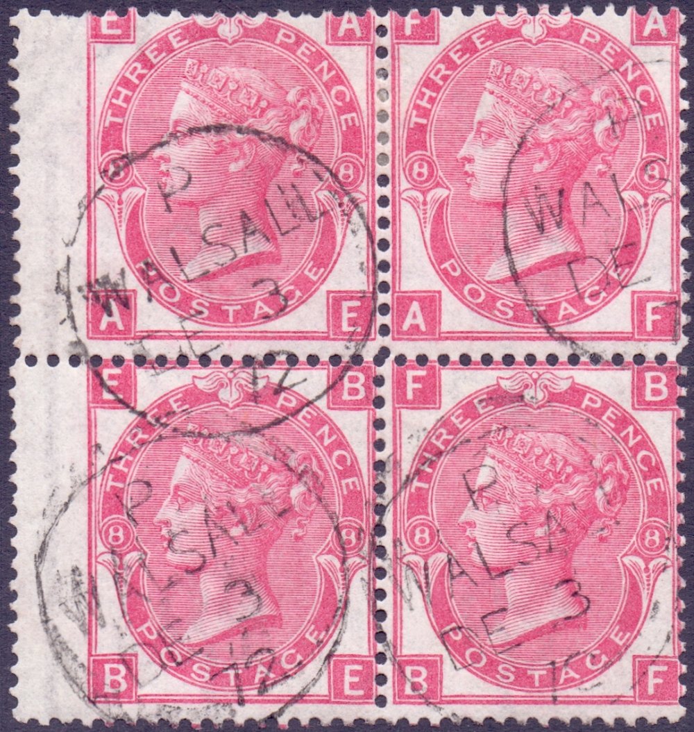 GREAT BRITAIN STAMPS : GB : 1872 3d Rose plate 8 fine used block of four SG 103 Cat £425