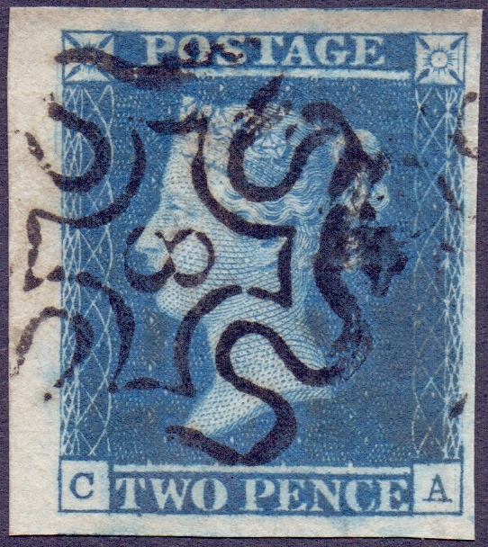 GREAT BRITAIN STAMPS : GB : 1841 2d Blue , four massive margins (CA) cancelled by No 8 in MX,