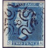 GREAT BRITAIN STAMPS : GB : 1841 2d Blue , four massive margins (CA) cancelled by No 8 in MX,