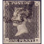 GREAT BRITAIN STAMPS : PENNY BLACK Plate 11 (AB) Greyish Black, cancelled by Plymouth MX.