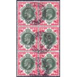 GREAT BRITAIN STAMPS : EDVII 1912 1/- Green and Carmine, superb used block of six,