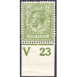 GREAT BRITAIN STAMPS : GV 1922 9d Olive Green, unmounted mint V23 control single.