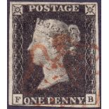 GREAT BRITAIN STAMPS : PENNY BLACK Plate 7 (FB) very fine four margin example cancelled by Red MX