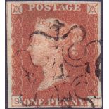 GREAT BRITAIN STAMPS : 1841 1d Red , four margin example cancelled by with upright No 4 in MX.