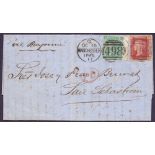 STAMPS : GREAT BRITAIN POSTAL HISTORY : 1865 1d Red plate 71 and 1/- Green on wrapper.