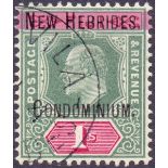 NEW HEBRIDES STAMPS: 1908 1/- Green and Carmine Wmk Crown CA,