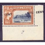 TRINIDAD STAMPS : 1956 1c on 2c indigo & orange-brown plate "2" corner marginal with substantial