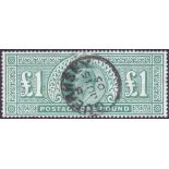 GREAT BRITAIN STAMPS : EDVII 1902 £1 Dull Blue Green, very fine used cancelled by Guernsey CDS.