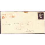 STAMPS: GREAT BRITAIN POSTAL HISTORY : 1841 wrapper with very fine four margin Penny Black plate 4