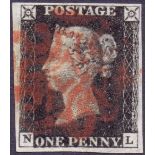 GREAT BRITAIN STAMPS : PENNY BLACK Plate 5 (NL), very fine four margin example cancelled by red MX,