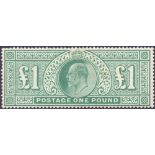 GREAT BRITAIN STAMPS : EDVII 1902 £1 Dull Blue Green very lightly mounted mint ,