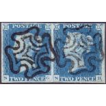 GREAT BRITAIN STAMPS : 1840 2D BLUE Plate 1 Superb four margin horizontal pair (NG-NH) cancelled by