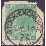 GREAT BRITAIN STAMPS : 1871 1/- Green plate 5 (FA) the scarce STOCK EXCHANGE forgery,