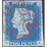 GREAT BRITAIN STAMPS : 1840 2d Blue plate 1 (MA), superb used,