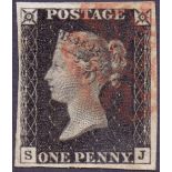 GREAT BRITAIN STAMPS : PENNY BLACK Plate 1b (SJ) very fine used four margin example cancelled by