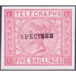 GREAT BRITAIN STAMPS: TELEGRAPH 5/- Rose plate 1 Imperf over printed Specimen,