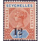 SEYCHELLES STAMPS : 1893 12c on 16c Chestnut and Blue,