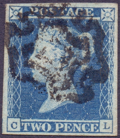 GREAT BRITAIN STAMPS : 1841 2d Blue plate 3 , four margin example cancelled by scarce NORWICH MX,