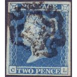 GREAT BRITAIN STAMPS : 1841 2d Blue plate 3 , four margin example cancelled by scarce NORWICH MX,