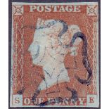 GREAT BRITAIN STAMPS : 1841 1d Red Brown plate 23, fine four margin example cancelled by BLUE MX.