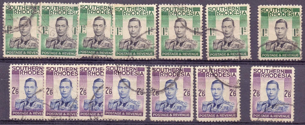 SOUTHERN RHODESIA STAMPS : Stockcard with GVI 1/- used (x7) & 2/6 used (x7), SG 48 & 51. Cat £60+.