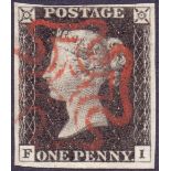 GREAT BRITAIN STAMPS : PENNY BLACK Plate 2 (FI) very fine four margin example cancelled by Red MX,