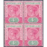 SEYCHELLES STAMPS : 1890 4c Carmine and Green Die I, fine mint block of four,