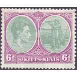 ST KITTS AND NEVIS STAMPS 1938 GVI 6d green & bright purple showing "break in oval" variety, M/M,