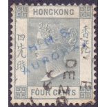 HONG KONG STAMPS QV 4c slate-grey fine used with additional "H.M.S./AURORA" handstamp in blue.