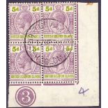 BRITISH SOLOMAN ISLANDS STAMPS 1927 5d Dull Purple and Olive Green corner marginal plate block of