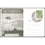 1911 First Aerial Post 9th Sept 1911, green card, message on reverse relating to the first flight.