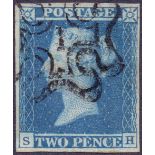 GREAT BRITAIN STAMP 1841 2d Blue plate 4 , very fine four margin example cancelled by upright No.