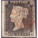 GREAT BRITAIN STAMP PENNY BLACK Plate 1a (QA), three massive margins one close, great plate wear,