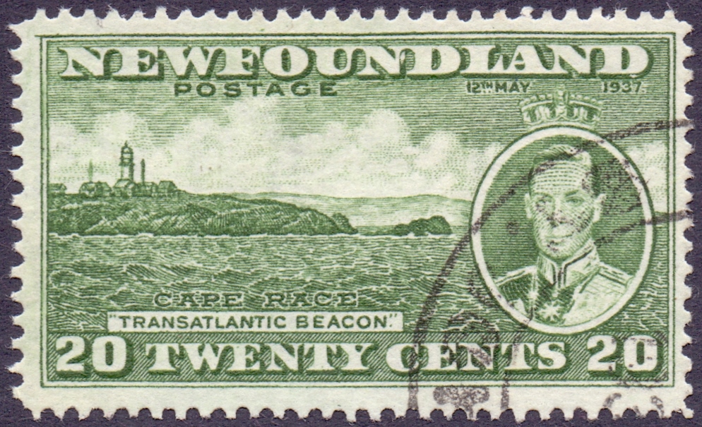 NEWFOUNDLAND STAMPS 1937 Coronation 20c green showing 'Extra chimney' flaw, fine used, perf 13.