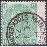 GREAT BRITAIN STAMP 1873 1/- green, plate 7, very fine used with Manchester Stock Exchange CDS.