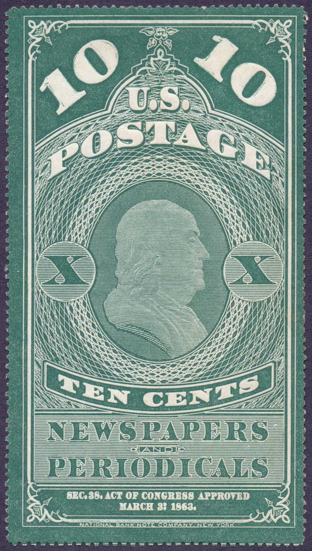 USA STAMPS 1865 10c Green Newspaper Stamp,